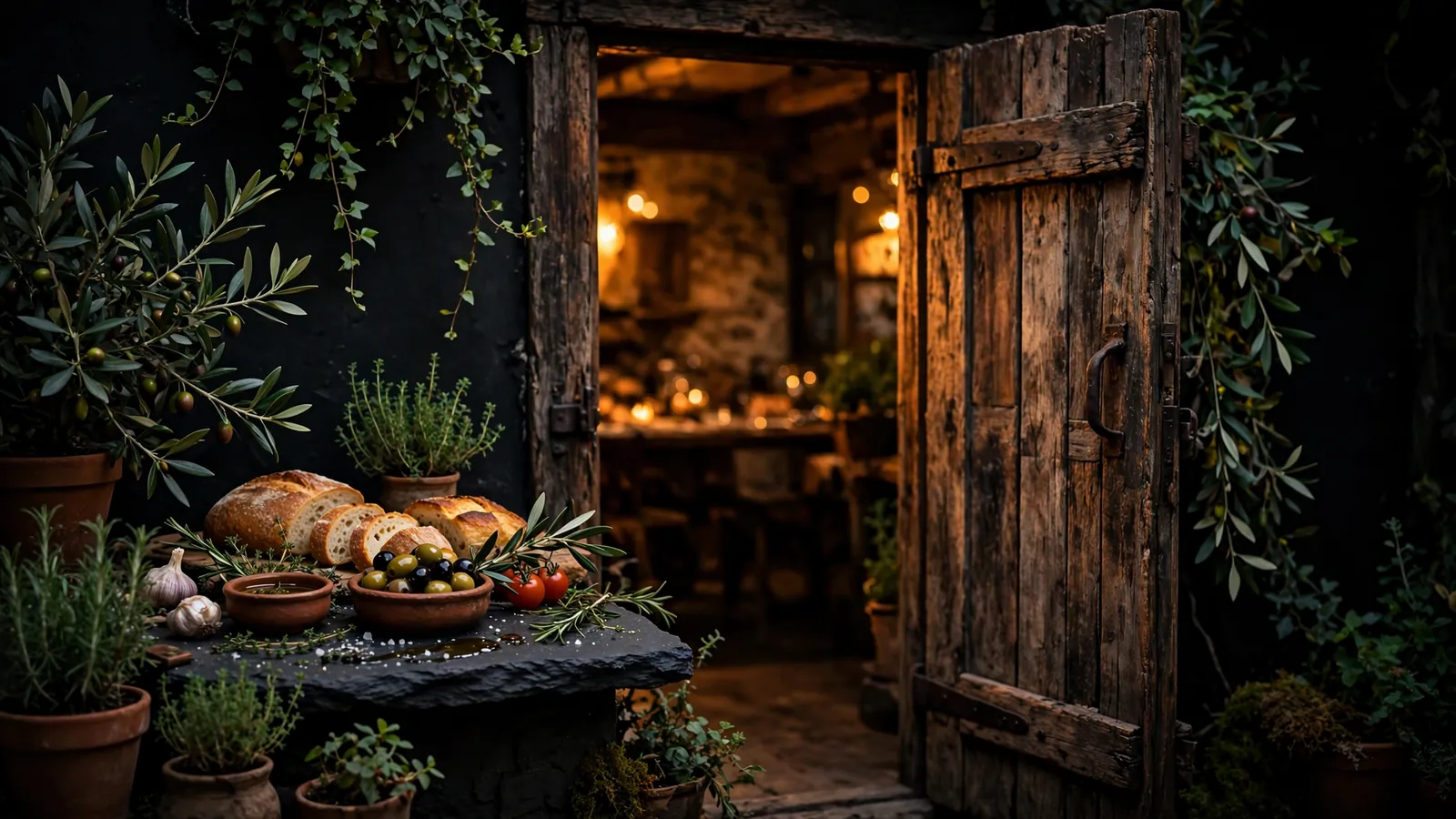 A warm restaurant entrance at dusk